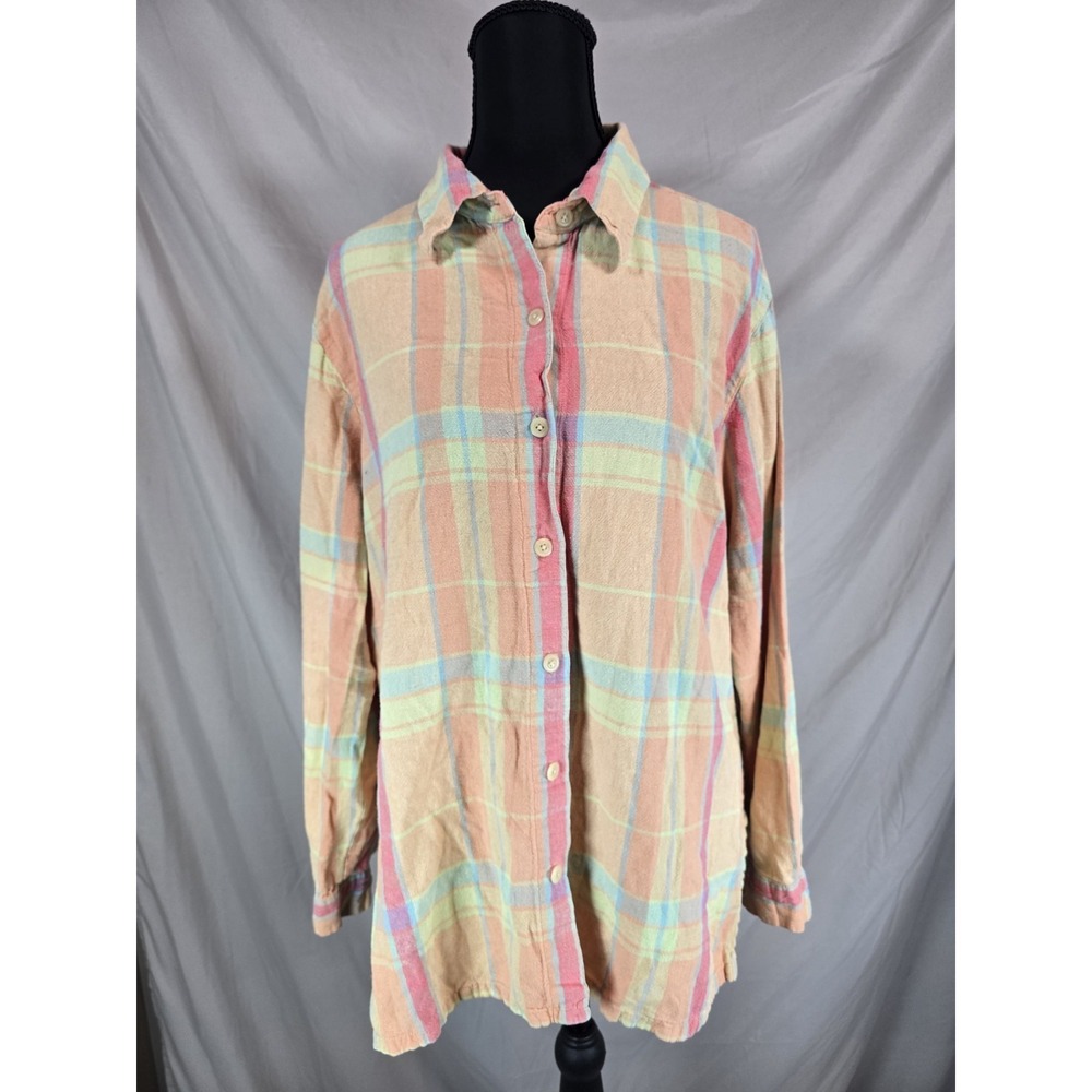 COLDWATER CREEK Linen Blend Plaid Button Down Colorful Bright Sz L SHIRT